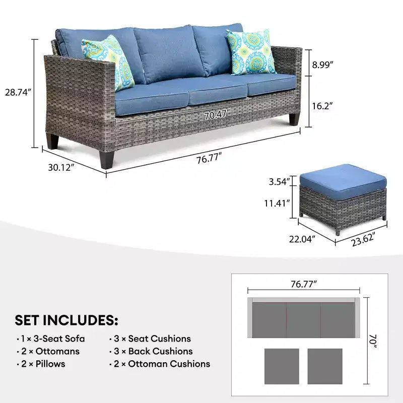 Set conversazione da esterno a 3 posti HOMLUX, divano da esterno in vimini per balcone, patio, giardino