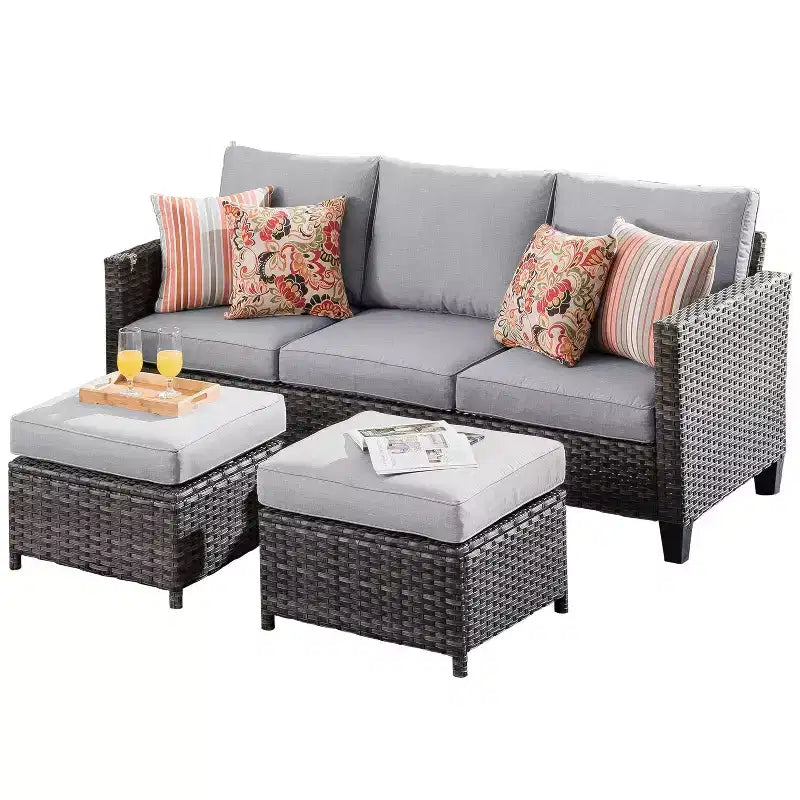 Set conversazione da esterno a 3 posti HOMLUX, divano da esterno in vimini per balcone, patio, giardino