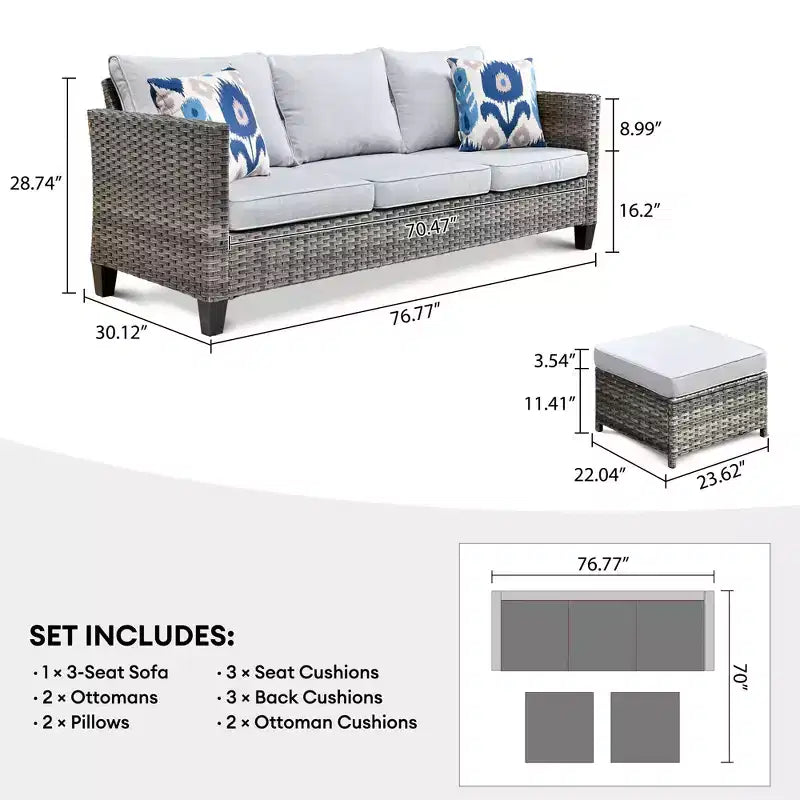 Set conversazione da esterno a 3 posti HOMLUX, divano da esterno in vimini per balcone, patio, giardino