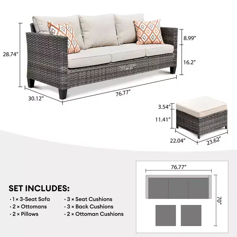 Set conversazione da esterno a 3 posti HOMLUX, divano da esterno in vimini per balcone, patio, giardino