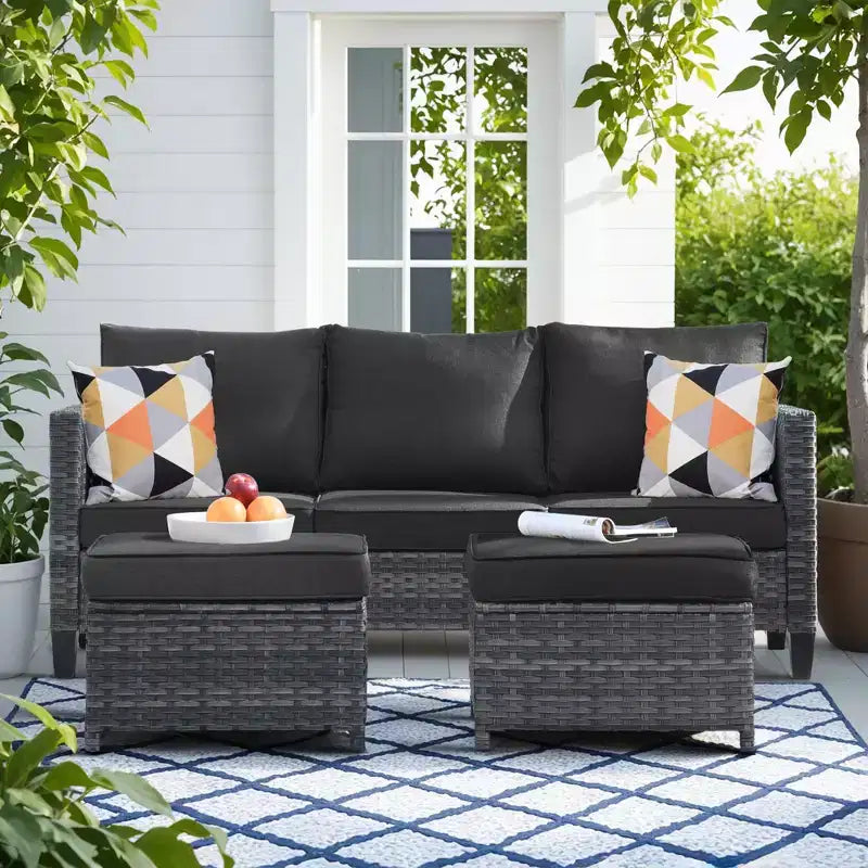 Set conversazione da esterno a 3 posti HOMLUX, divano da esterno in vimini per balcone, patio, giardino
