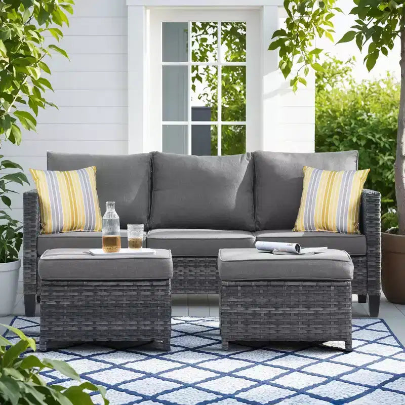 Set conversazione da esterno a 3 posti HOMLUX, divano da esterno in vimini per balcone, patio, giardino