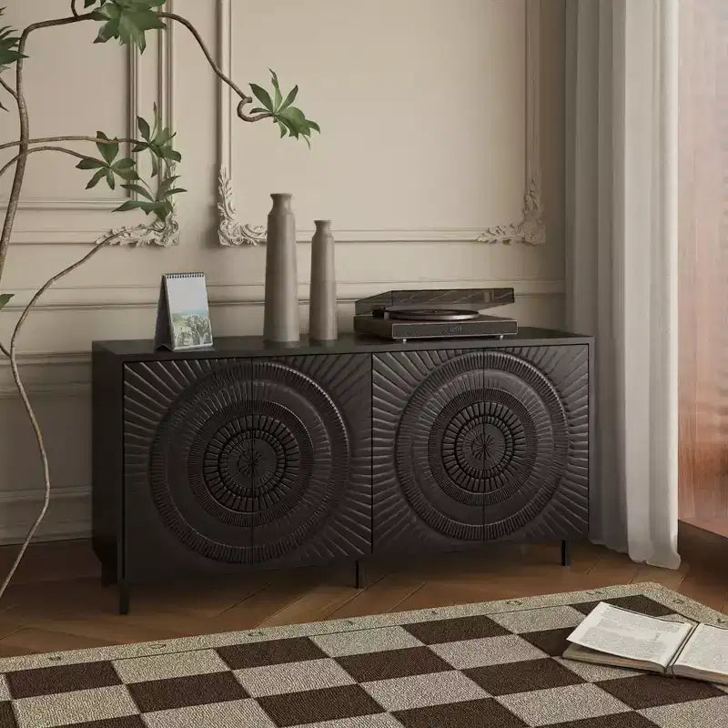 JVNOXK Buffet moderne en bois noir, meuble de rangement de cuisine avec étagères réglables et portes moulées sous vide, adapté aux cuisines, Noir