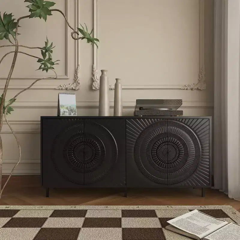 JVNOXK Buffet moderne en bois noir, meuble de rangement de cuisine avec étagères réglables et portes moulées sous vide, adapté aux cuisines, Noir