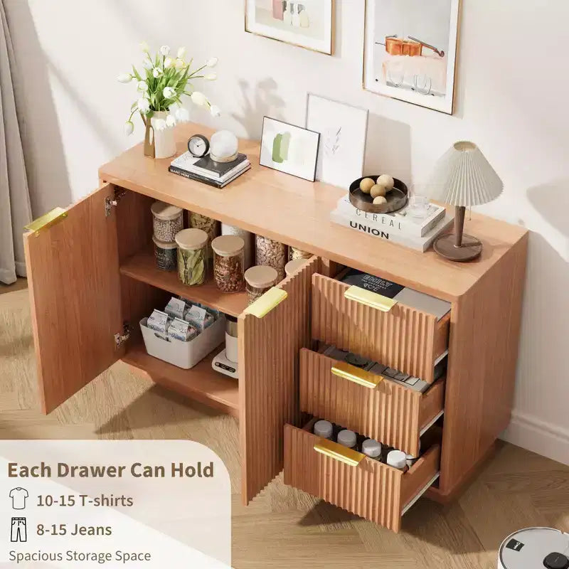 Madia a 47 cassetti con scanalature, mobile buffet con 2 cassetti e 3 ante, madia contenitore per soggiorno, cucina, corridoio, ingresso