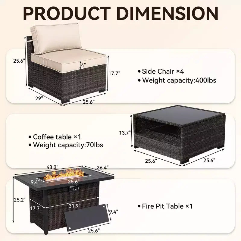 Set da patio UPTIOT da 6 pezzi: 4 sedie laterali, tavolo con braciere marrone e tavolino da caffè con ripiano in vetro temperato per eleganti ritrovi all'aperto