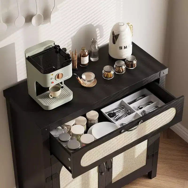 Buffet en rotin avec tiroir et meuble de rangement de style rustique pour salle à manger et salon, Noir