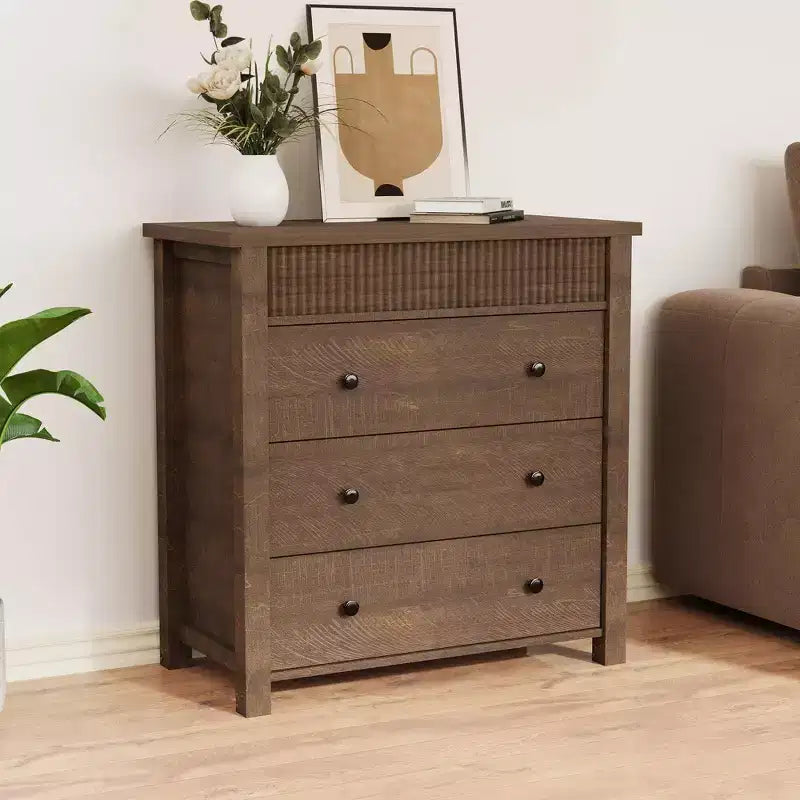 3-Drawer Dresser Nightstand, Wooden Fluted End Table for Bedroom, Brown Red