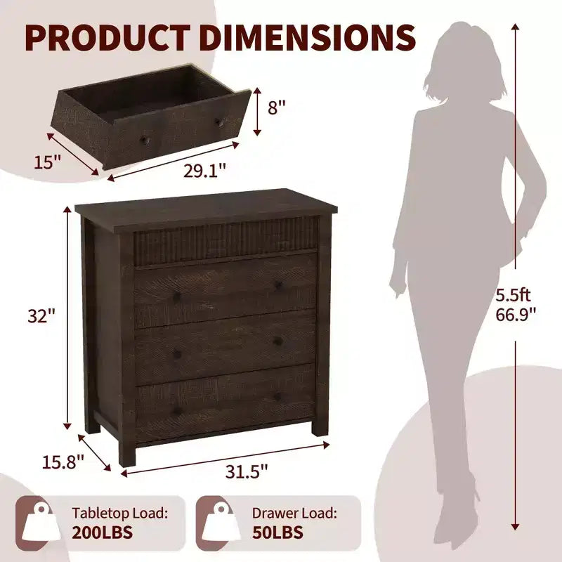 Comodino a 3 cassetti, Tavolino con scanalature in legno per camera da letto, Marrone Rosso