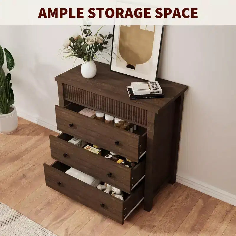 Comodino a 3 cassetti, Tavolino con scanalature in legno per camera da letto, Marrone Rosso