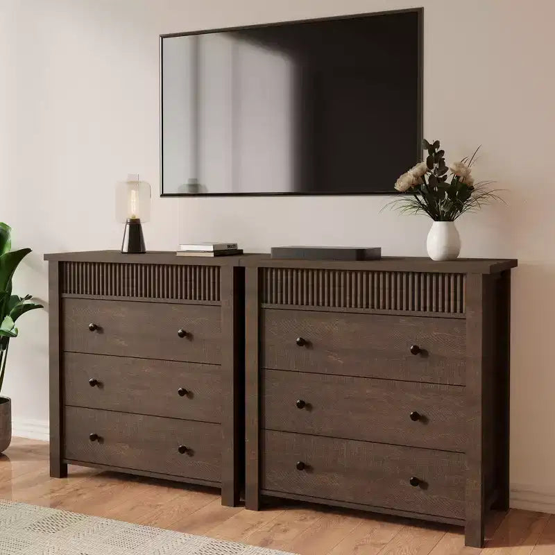 Comodino a 3 cassetti, Tavolino con scanalature in legno per camera da letto, Marrone Rosso