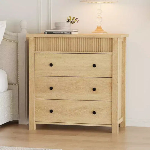 3-Drawer Dresser Nightstand, Wooden Fluted End Table for Bedroom, Natural Wood