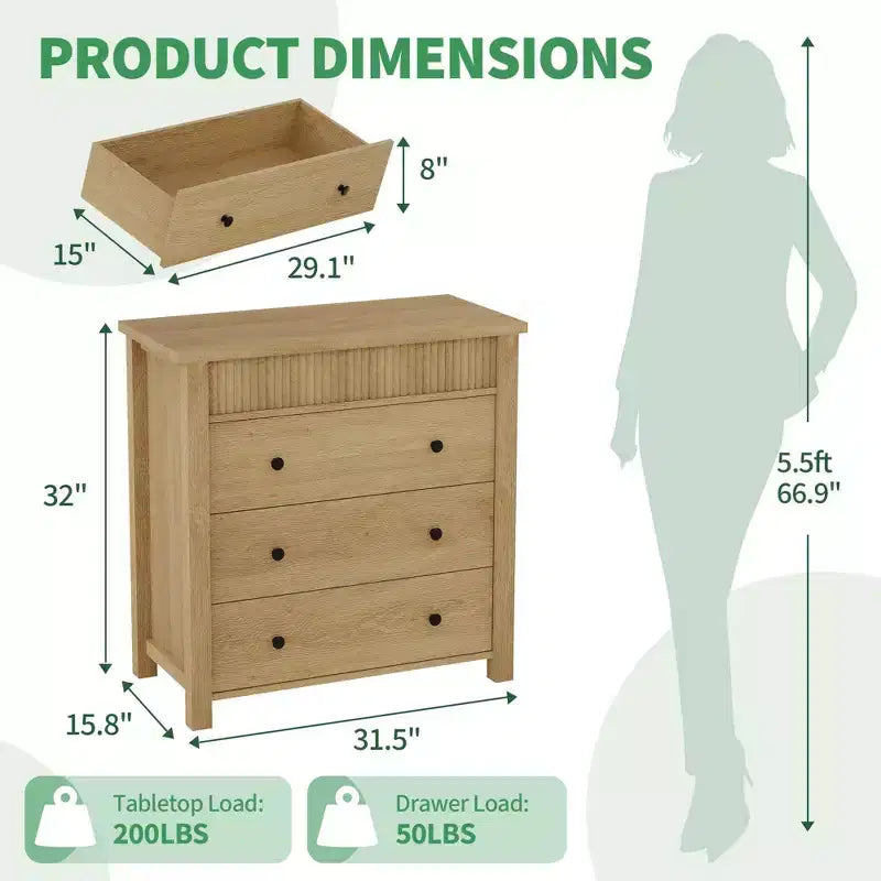 Comodino con 3 cassetti, Tavolino scanalato in legno per camera da letto, Legno naturale