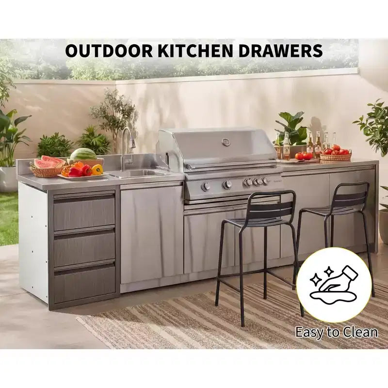 Tiroirs de cuisine d'extérieur 14 L x 24 H x 18 P, à encastrer, triple tiroir bleu-gris, tiroir en acier inoxydable