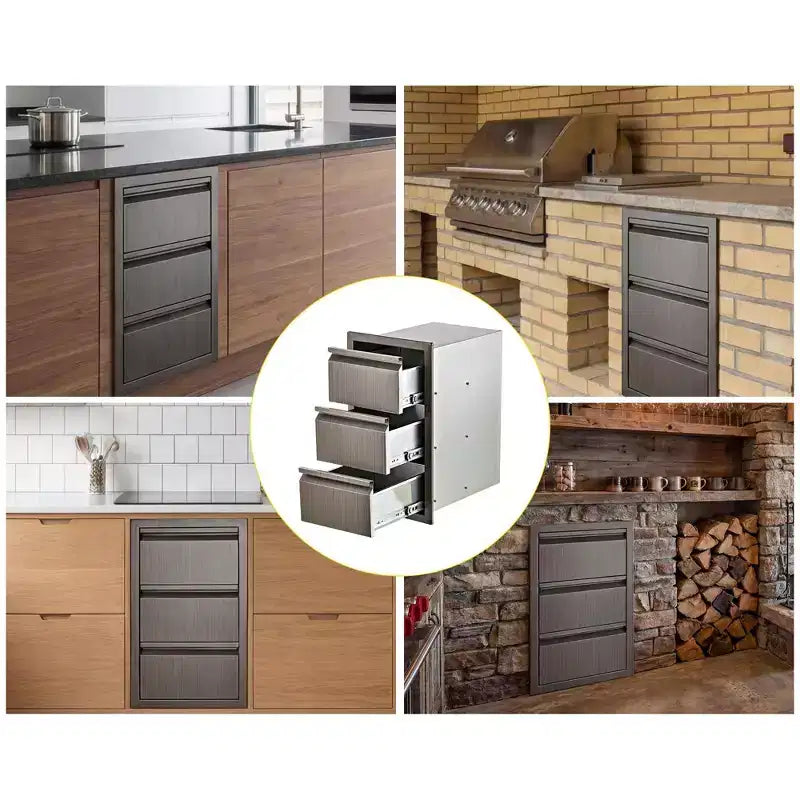 Tiroirs de cuisine d'extérieur 14 L x 24 H x 18 P, à encastrer, triple tiroir bleu-gris, tiroir en acier inoxydable