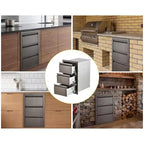 Tiroirs de cuisine d'extérieur 14 L x 24 H x 18 P, à encastrer, triple tiroir bleu-gris, tiroir en acier inoxydable