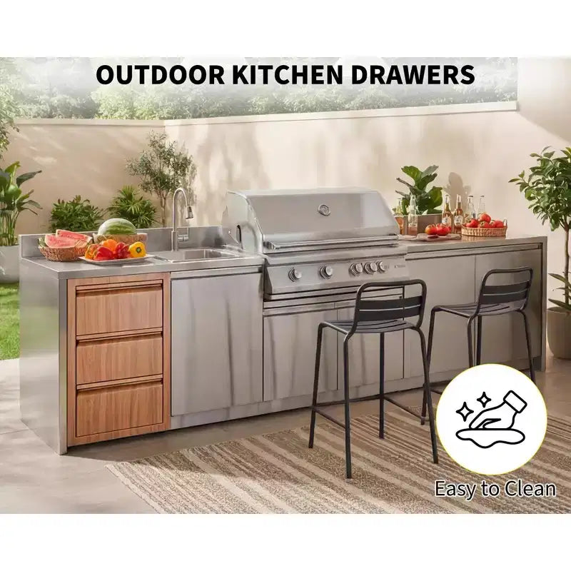Tiroirs de cuisine d'extérieur 14 L x 24 H x 18 P, à encastrer, triple tiroir bleu-gris, tiroir en acier inoxydable