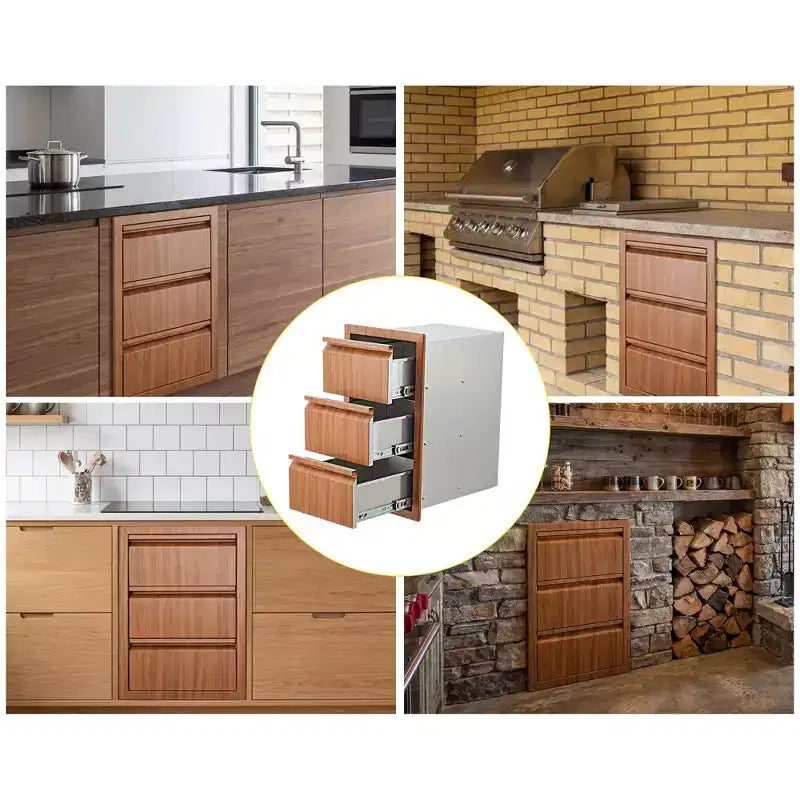 Tiroirs de cuisine d'extérieur 14 L x 24 H x 18 P, à encastrer, triple tiroir bleu-gris, tiroir en acier inoxydable