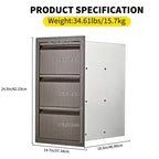 Tiroirs de cuisine d'extérieur 14 L x 24 H x 18 P, à encastrer, triple tiroir bleu-gris, tiroir en acier inoxydable