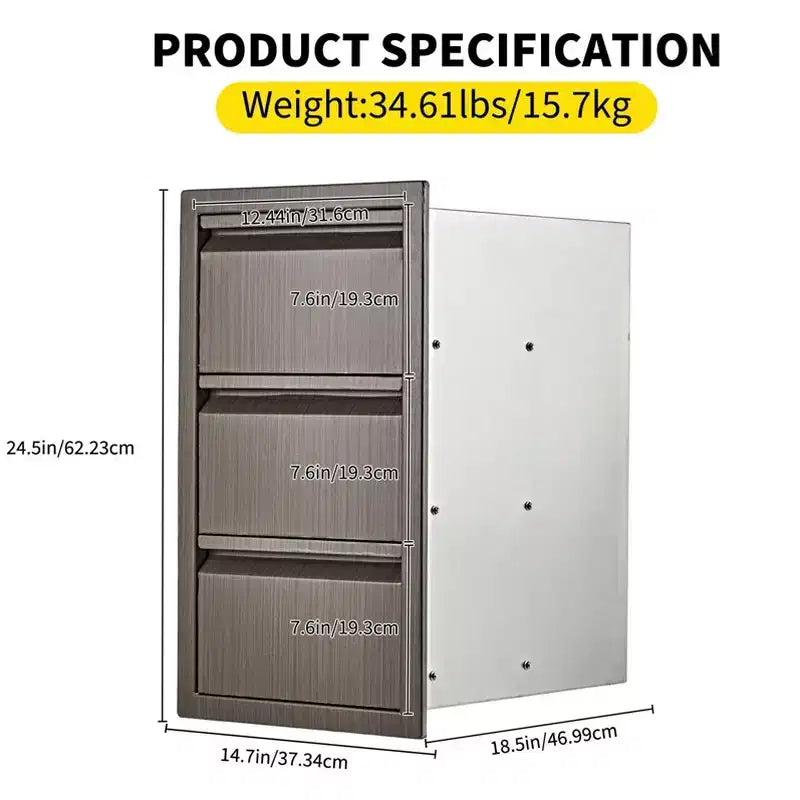 Tiroirs de cuisine d'extérieur 14 L x 24 H x 18 P, à encastrer, triple tiroir bleu-gris, tiroir en acier inoxydable