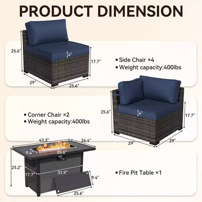 Set Sezionale UPTIOT Premium da Esterno per Tutte le Stagioni con 4 Chaise Longue Angolari, 4 Sedute Profonde e Tavolo da Fuoco Convertibile Grigio