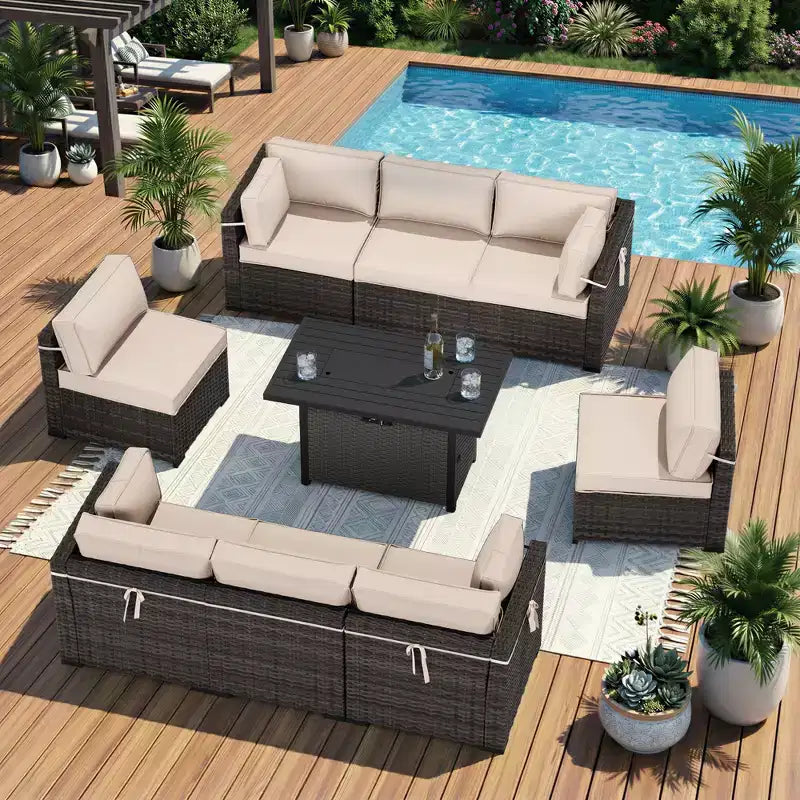 Set Sezionale UPTIOT Premium da Esterno per Tutte le Stagioni con 4 Chaise Longue Angolari, 4 Sedute Profonde e Tavolo da Fuoco Convertibile Grigio