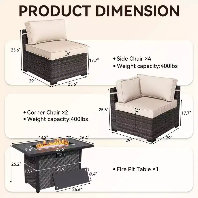 Set Sezionale UPTIOT Premium da Esterno per Tutte le Stagioni con 4 Chaise Longue Angolari, 4 Sedute Profonde e Tavolo da Fuoco Convertibile Grigio