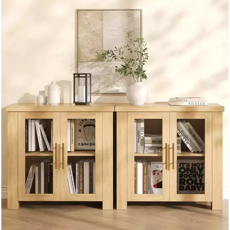 Buffet de 80 cm avec rangement et portes en verre trempé | Desserte/bahut en bois pour salon, salle à manger et cuisine