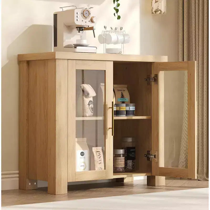 Buffet de 80 cm avec rangement et portes en verre trempé | Desserte/bahut en bois pour salon, salle à manger et cuisine