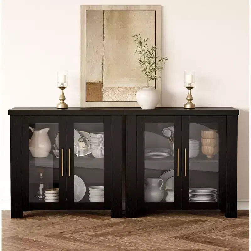 Buffet de 80 cm avec rangement et portes en verre trempé | Desserte/bahut en bois pour salon, salle à manger et cuisine