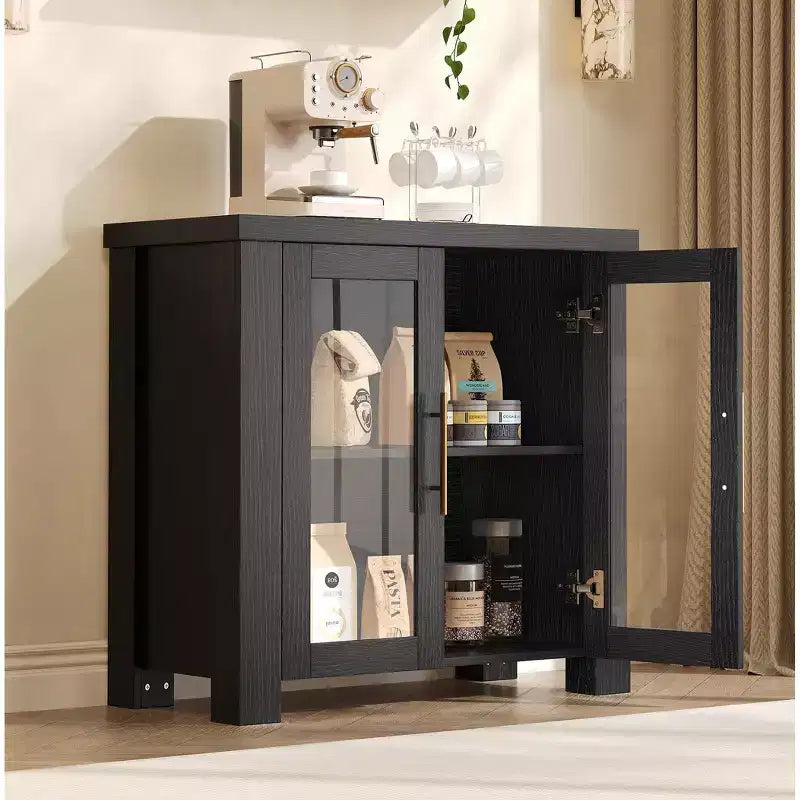 Buffet de 80 cm avec rangement et portes en verre trempé | Desserte/bahut en bois pour salon, salle à manger et cuisine