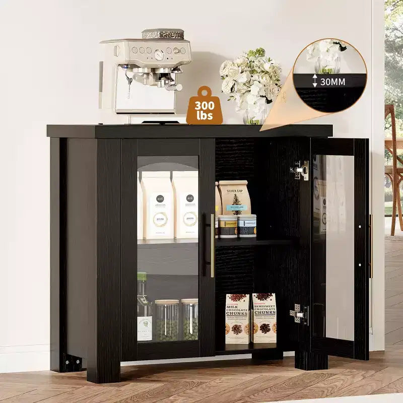 Buffet de 80 cm avec rangement et portes en verre trempé | Desserte/bahut en bois pour salon, salle à manger et cuisine