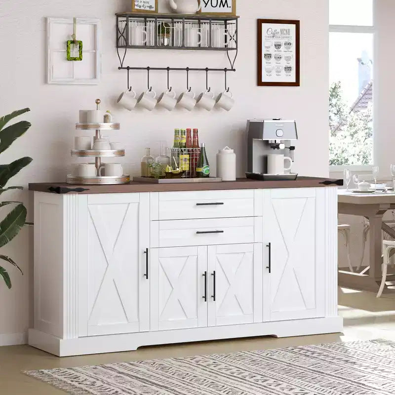 Meuble de Rangement de Ferme Zeus & Ruta 63 avec Porte Coulissante, 2 Tiroirs, Étagères Réglables, Buffet Bar à Café pour Cuisine, Entrée, Salle à Manger