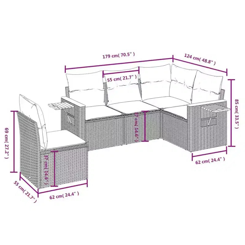 vidaXL Set divani da giardino in rattan PE Grandi braccioli regolabili