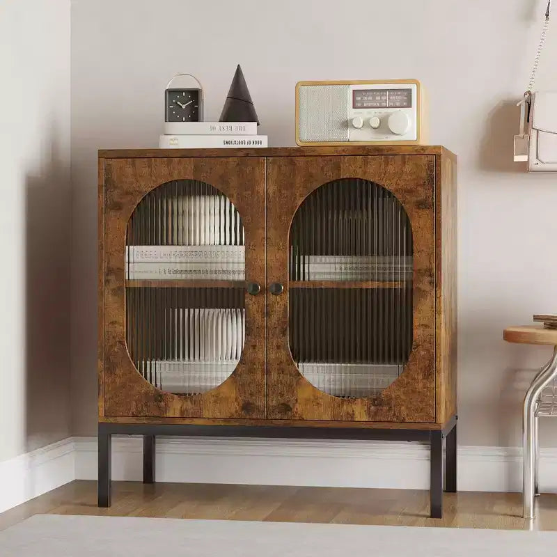 Modern Rattan Buffet Cabinet with Doors  Wooden Storage Sideboard for Dining Room, Kitchen with Metal Feet