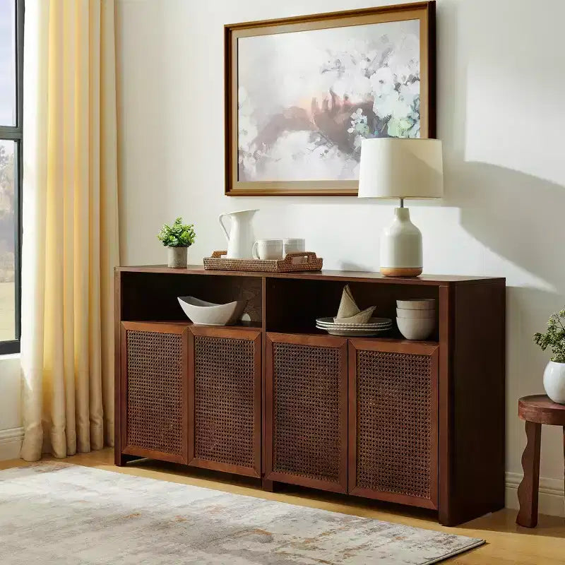 JVNOXK Madia in Rattan Stile Mid-Century Moderno da 160 cm con Contenitore, Credenza Vintage, Adatto per Soggiorno o Cucina, Noce