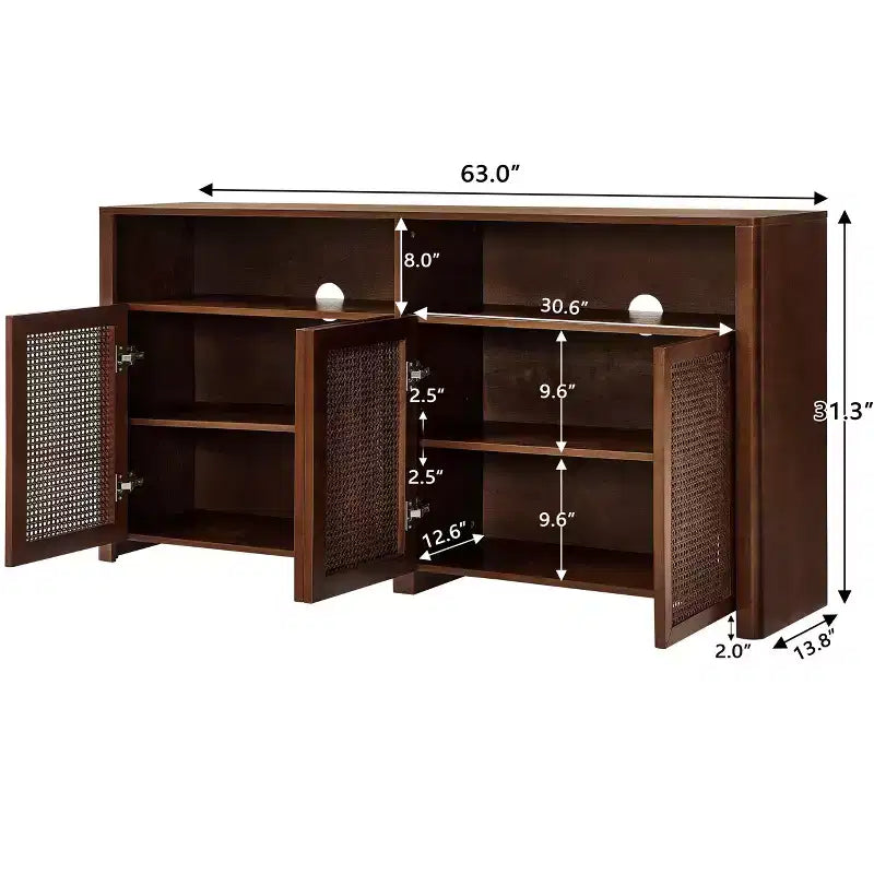 JVNOXK Madia in Rattan Stile Mid-Century Moderno da 160 cm con Contenitore, Credenza Vintage, Adatto per Soggiorno o Cucina, Noce