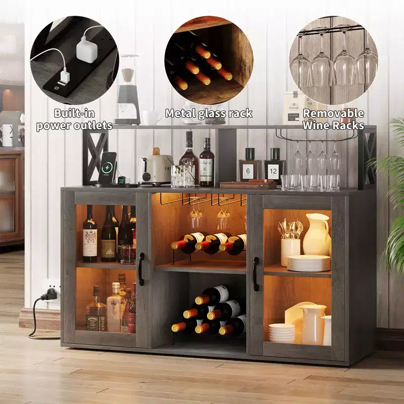 Mobile Contenitore con Luce, Mobile Domestico con Portabottiglie e Portabicchieri, Madia Buffet per Caffè con Prese di Corrente, per Soggiorno