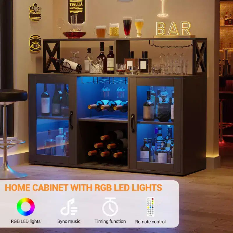 Mobile Contenitore con Luce, Mobile Domestico con Portabottiglie e Portabicchieri, Madia Buffet per Caffè con Prese di Corrente, per Soggiorno