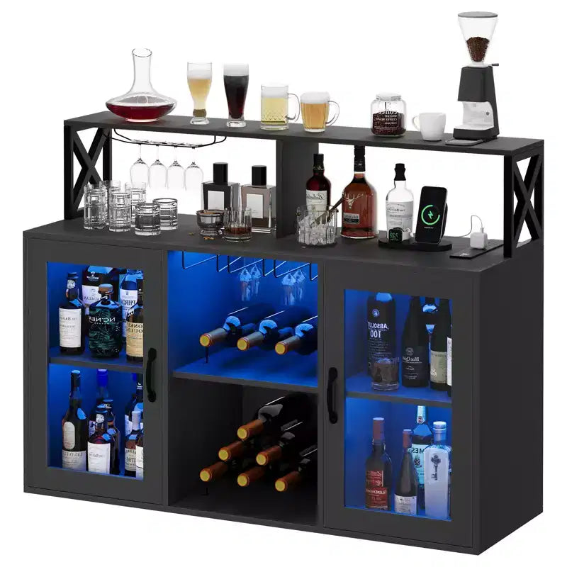 Mobile Contenitore con Luce, Mobile Domestico con Portabottiglie e Portabicchieri, Madia Buffet per Caffè con Prese di Corrente, per Soggiorno