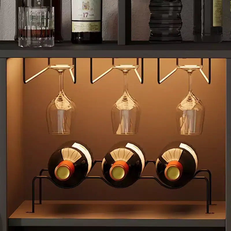 Mobile Contenitore con Luce, Mobile Domestico con Portabottiglie e Portabicchieri, Madia Buffet per Caffè con Prese di Corrente, per Soggiorno