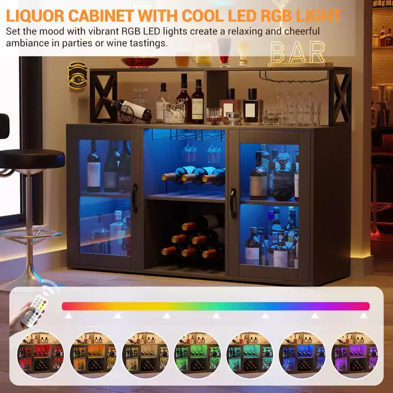 Mobile Contenitore con Luce, Mobile Domestico con Portabottiglie e Portabicchieri, Madia Buffet per Caffè con Prese di Corrente, per Soggiorno