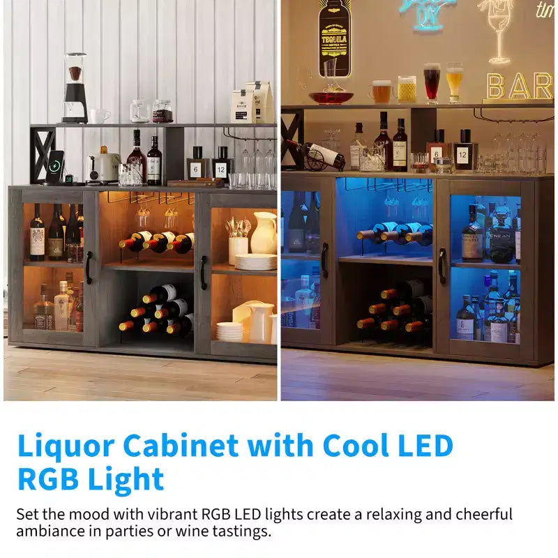 Mobile Contenitore con Luce, Mobile Domestico con Portabottiglie e Portabicchieri, Madia Buffet per Caffè con Prese di Corrente, per Soggiorno
