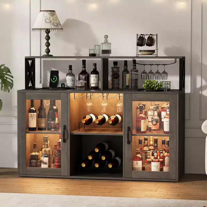 Mobile Contenitore con Luce, Mobile Domestico con Portabottiglie e Portabicchieri, Madia Buffet per Caffè con Prese di Corrente, per Soggiorno