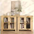 Credenza a Buffet con Vano Contenitore, Credenza da 59" con Ante in Vetro Temperato, Tavolo Buffet in Legno per Soggiorno, Sala da Pranzo, Cucina