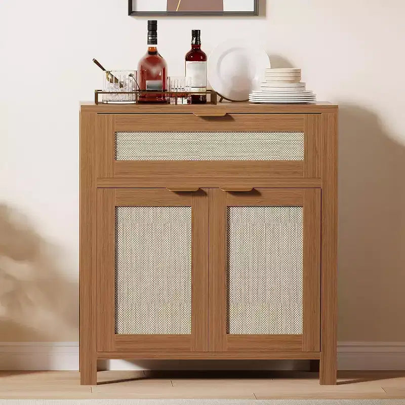 Ensemble de 3 Meubles Buffet en Rotin, Buffet Vaisselier - Tiroirs et Étagères Réglables, Meuble de Rangement d'Appoint pour Salon, Entrée, Bar à Café