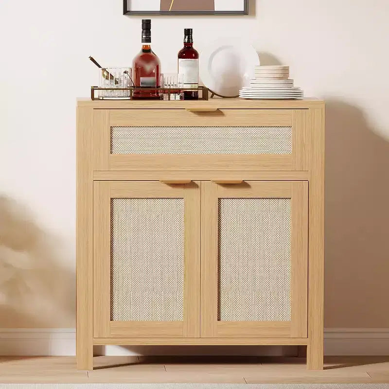 Ensemble de 3 Meubles Buffet en Rotin, Buffet Vaisselier - Tiroirs et Étagères Réglables, Meuble de Rangement d'Appoint pour Salon, Entrée, Bar à Café