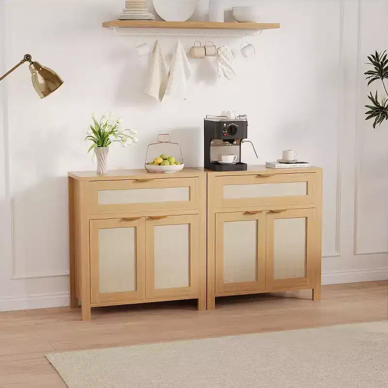 Ensemble de 3 Meubles Buffet en Rotin, Buffet Vaisselier - Tiroirs et Étagères Réglables, Meuble de Rangement d'Appoint pour Salon, Entrée, Bar à Café
