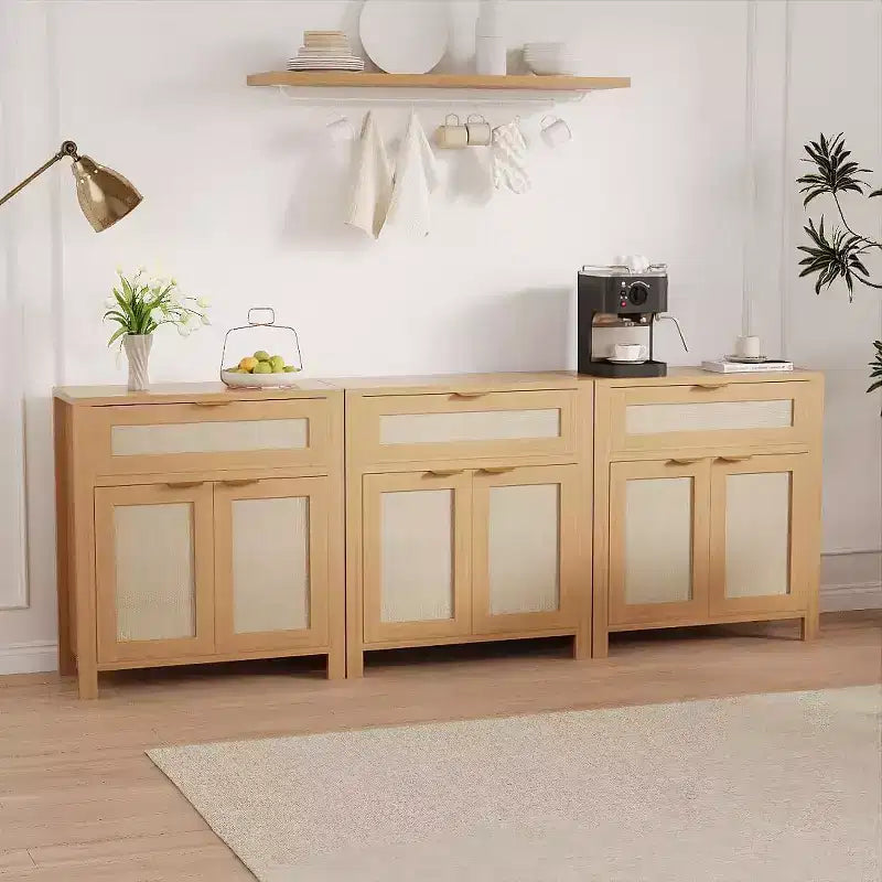 Ensemble de 3 Meubles Buffet en Rotin, Buffet Vaisselier - Tiroirs et Étagères Réglables, Meuble de Rangement d'Appoint pour Salon, Entrée, Bar à Café