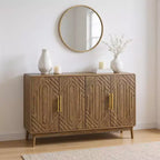 FurnitureR 55 Modern Wood Sideboard Buffet Cabinet with 4 Doors, Geometric Carved Design & Gold Handles for Dining Room, Living Room or Entryway